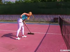 Ginger Head Chrissy Fox Masturbating On A Bench On A Tennis Lawn